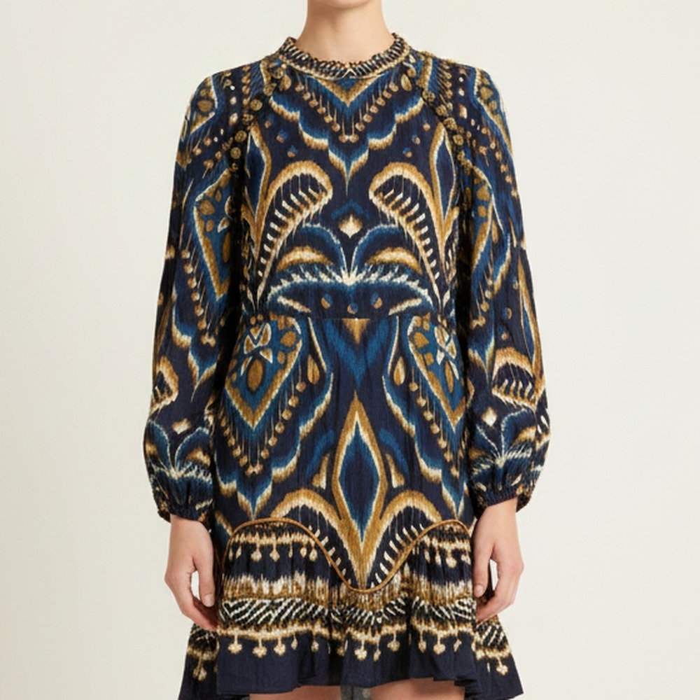 FARM Rio NWT Pineapple Ikat Long Sleeve Mini Dress Navy Bronze Ruffle Women M